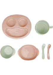 Inochi Amori Baby Feeding Set, Self Feeding For Toddlers &amp; Kids, Toddler Cutlery Kit, Reusable Odorless BPA Free, Dishwasher &amp; Microwave Safe, Plate Bowl Spoon Fork Cup, Milky Orange + Tea Green 6pcs