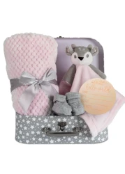 Baby Girl Gift Set New Born Baby Gift Baby Deer Fawn Security Blanket Soft Fleece Suitcase Keepsake Box Blanket Booties Baby Gift Basket Unique Present for Baby Shower Newborn Lovey