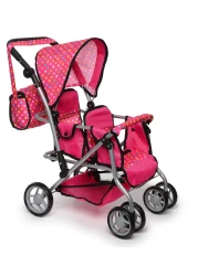 Exquisite Buggy Twin Doll Stroller with Diaper Bag and Swivel Wheels Adjustable Handle Pink Polka Dot Design
