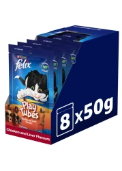 Purina Felix Play Tubes Chicken and Liver Flavours Dry Cat Treats, 50g Pack of 8
