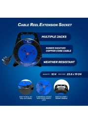 MODI Retractable 3-Way Extension Cord Reel - 10m Cable Reel with Power Button for Home, Office 2000 Watts Power Extension (10M)