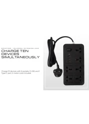 Sprinters - Universal Extension Socket 2 Meter Wire 6 AC Outlets 3 USB Ports 1 USB-C Port UK Plug 3 Pin Socket Outlet Surge Protector Power Strip for Home, Office, and Electronics (Black)