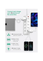 10 Way Power Extension Cord Surge Protector Strip Heavy Duty Universal Electrical Socket 5x USB-A 1x USB-C PD 30W
