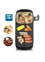 شواية شواء منزلية الصنع مخصصة - شواية كهربائية داخلية بدون دخان مع وعاء ساخن غير لاصقة، درجة حرارة قابلة للتعديل للشواء، شابو شابو، شرائح اللحم