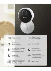 CB1 Indoor Security Camera, 1080p Home Battery Camera with IR Night Vision, Two Way Talk, Adjustable Magnetic Stand, Sleep Mode, Human Motion Detection, Works with Alexa, Supports MicroSD Card, White