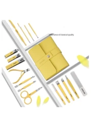 Manicure Set Pedicure Set Nail Clippers, 16 in 1 Professional Pedicure Kit Nail Scissors Grooming kit and Ear Wax Removal Tools with PU Leather Case for Travel Manicure kit Yellow