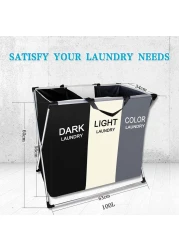 U-Hoome Foldable Laundry Hamper Basket Sorter With Handle And Aluminum Frame, 3 Sections