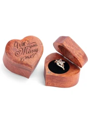 MONYCraft Ring Box Heart Handmade Wooden Ring Box for Proposal Engagement Ring Box Wood Unique Proposal Ring Box Engraved With Will you marry me Heart Shape Ring Box
