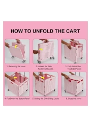 عربة تسوق قابلة للطي باللون الوردي مع غطاء - سعة 40 كجم، عربة بقالة قابلة للطي مع عجلات ومقبض تلسكوبي، حقيبة تخزين محمولة للبقالة