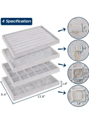 Stackable velvet Set of 4 Jewelry Organizer Trays, Velvet Jewelry Trays for Drawers, Large Jewelry Storage Display Tray for Dresser, Earring Necklace Bracelet Ring Showcase Holder Organizer Set, Gift