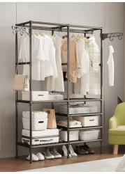 2-Tier Garment Rack Shelf Organizer with 2-Floor Hanger &amp; Hooks.Multifunctional Clothing Wardrobe and Shoe Storage Organizer Freestanding Coat Iron stand (Black)