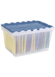 AkroMils 12 Gallon KeepBox File Box Plastic Stackable Storage Container with Hinged Attached Lid and Rails for Hanging File Folders 21Inch L x 15Inch W x 12Inch H ClearBlue