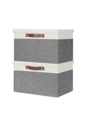 Temary Collapsible Storage Bins Storage Boxes with lid 2 Pack Storage Baskets with Lid Decorative Storage Clothes Organizer Bins with Handles WhiteGray 15x11x95inch