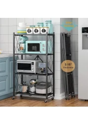 ECVV Leostar 4 Layer Shelf Foldable Storage Shelving Unit With Wheels, Metal Rack Display For Garage Kitchen Pantry Closet Laundry, Black, Str-4326, 4-Shelf