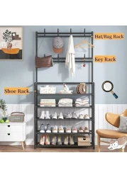 Shoe Racks Storage , Coat and Shoe Rack , Coat Rack with Shoe Storage , Upgrade 5 Tier Shoe Rack , Black Shoe Rack , Shoe Storage Organizer , Shoe Shelf with 8 Hooks for Bedroom , Hallway , Office