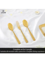 Life Smile 24 Pieces Cutlery Set Service for 6 person,Pure Stainless Steel Flatware Set,Mirror Polished Cutlery Utensil Set Include Spoon/Fork/Knife/Tea Spoon(SHINE GOLD &amp; SAND BLASTING HANDLE)