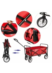 Folding Camping Cart Wagon - 4 Wheel Collapsible Beach Trolley, Portable Garden Camping Picnic &amp; DIY Waste Wagon Adjustable Rotary Handle - BLACK - RED - BLUE - GREEN (RED)