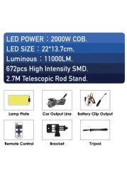 Super Bright Camping Light 2000W COB with 360&deg; Rotation, Adjustable COB LED 30000 Hour Lifetime,11000 LM Lumen with 5m Tripod Rod with Remote Control 3.5M Wire with Clips 76M Handbag