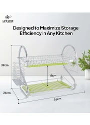 LIFE SMILE Dish Rack - 2 Tier Countertop Dish Drying Stand With Removable Drip Tray - 304 Stainless Steel with Utensil Holder and Cups Holder - Anti Slip and Rust Proof Dish Drainer