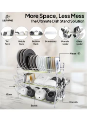Life Smile Stainless Steel Dish Rack - 3 Tier with Utensils and Glass Holder Long Lasting and Durable