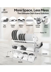 LIFE SMILE Dish Rack - 3 Tier Countertop Dish Drying Stand With Removable Drip Tray - Pure Aluminum with Cutlery Holder and Cups Holder - Anti Slip and Rust Proof Dish Drainer