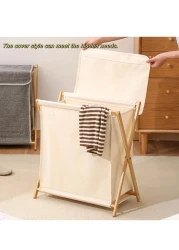67L Bamboo Laundry Basket with Cover for Dirty Clothes Hamper Storage Organizer Portable X Frame Freestanding Toilet Sorter Cart for Bathroom and Bedroom Towels Blankets