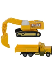 DecoPac Construction Dig Cake Decoration 2 Piece Cake Topper Set with Dump Truck and Moveable Excavator Food Safe Ready to Use For Birthday Themed Parties Celebration Yellow 11826