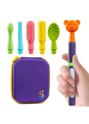 Special Supplies Buzz Buddy Oral Stimulation kit with 6 Soft Textured Interchangeable Heads Calm Sensory Needs Support Speech and Stimulate Self Feeding Gentle Vibrations Purple