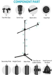 Mike Music Microphone Stand, Upgraded Mic Stand With Dual Mic Clip Holders Adjustable Collapsible Tripod Boom Stands (M2)