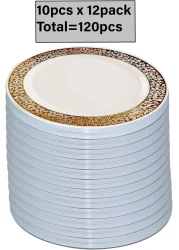 9" Disposable Plastic Plates, White &amp; Gold Color, 35g Weight, Pack of 120 Plates