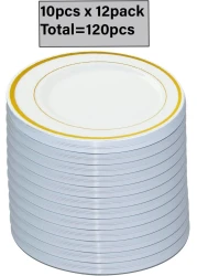 7.5'' White &amp; Gold Disposable Plastic Plates &ndash; 24g, Sturdy &amp; Elegant &ndash; Pack of 120 plates