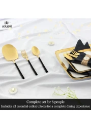 LIFE SMILE Cutlery Set, 18/10 Pure Stainless Steel Flatware Set with Stand, Rust Proof &amp; Fade Proof Dinnerware Set (SHINY GOLD HEAD &amp; SHINY BLACK HANDLE, 38 Pieces)