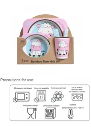 5PCS Unbreakable Kids Plate and Bowl Set for Healthy Mealtime, Bamboo Children Dishware Set with Plate, Bowl, Cup, Fork and Spoon, BPA Free Dishwasher Safe, Sheep