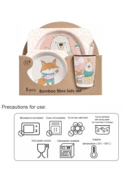 5PCS Unbreakable Kids Plate and Bowl Set for Healthy Mealtime, Bamboo Children Dishware Set with Plate, Bowl, Cup, Fork and Spoon, BPA Free Dishwasher Safe, Fox
