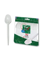 فن طقم ملاعق بلاستيك أبيض 6.5 بوصة 50 قطعة