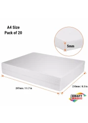 20 Pack A4 Foam Board (297x210mm), 5mm Thickness Polystyrene Sheet, White Foam Core Board, Foam Sheets for Crafts, Printing, Modelling, Display