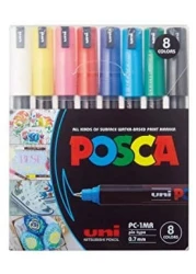 Uni-Posca Paint Marker Pen - Pc-1Mr Extra Fine 0.7mm, 8 Colors Water-Based Paint Marker.