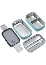 صندوق غداء من الستانلس ستيل - صندوق بينتو معزول متعدد الوظائف - صندوق غداء مع قسمين وادوات مائدة (ستانلس ستيل 304) مع شنطة غداء ماهمير (ازرق فاتح + شنطة غداء)