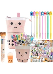 Primo Lines Kawaii Pencil Case and Complete 61 PCS Pink Stationary Set with Pop Up Cute Boba Case 8 Pens 50 Bubble Tea Stickers Multi Color Pen For School Supplies