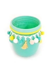 Ceramic Jar Turquoise with Pompoms 13cm