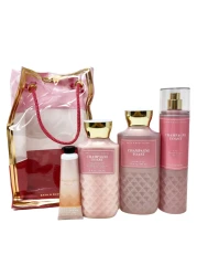 Bath and Body Works CHAMPAGNE TOAST Gift Bag Set Body lotion Shower Gel and Fine Fragrance Mist Plus a Shea Butter Hand Cream arranged inside a transparent gift bag