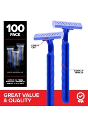 Bulk Disposable Razors (100 Count), Twin Blade Razors for Men and Women, Individually Wrapped Shaving Razor for Tattoo Equipment, Travel, Care Packs, BnB toiletries, and More, Mens Disposable Razors