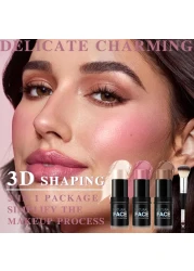 3 Colors Cream Contour Highlighter Blush Stick Trio Set with Dual Head Brush Waterproof Longlasting Bronzer Blusher for Cheeks Matte Dewy Finish Multifunctional Face Professional Makeup Kit