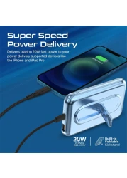 Promate Magnetic Wireless Power Bank, 10000mAh 15W Qi Wireless Mag-Safe Battery Pack with 20W USB-C Power Delivery Port, 18W QC 3.0 Port and Foldable Stand for iPhone 13, iPad Air PowerMag-10Pro Blue