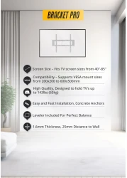 Bracket Pro Fixed TV Wall Mount for 40-85 Inch Screens &ndash; Heavy-Duty Steel, Ultra Slim &amp; Space-Saving &ndash; Supports VESA 200x200 to 600x500 &ndash; Holds up to 143lbs (65kg) &ndash; Easy Installation - BPF4085