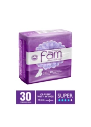 فام ماكسي فوط صحية كلاسيكية مع أجنحة بملمس القطن الطبيعي - أبيض 30 فوطة