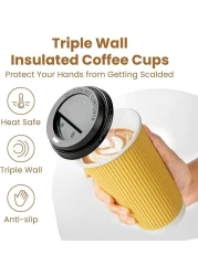 YESOCEA [50 مجموعة] 16 أونصة. أكواب قهوة كرافت للاستعمال مرة واحدة مع أغطية - أكواب ورقية ساخنة بنية ثلاثية الجدار للشاي والمشروبات أثناء التنقل