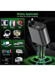 Retractable Car Charger 4 in 1 Fast Charging Adapter with Type C Cable, Dual USB Ports, Voltage Display, 60W Power Compatible with iPhone, iPad, Galaxy &amp; More