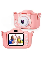 كاميرا للأطفال بدقة 1080 بكسل عالية الدقة وشاشة IPS مقاس 2.0 بوصة، كاميرا فيديو صغيرة للأطفال، تتضمن بطاقة ذاكرة وحامل بطاقات وحزام وغطاء سيليكون ناعم على شكل قطة