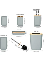 Bamboo Bathroom Accessories Set of 6 Modern Design 6 Pieces Bathroom Accessory Set Soap Dispenser Toothbrush Holder Tooth Mug Soap Dish Toilet Brush Rubbish for Bathroom Home Decor (Grey)